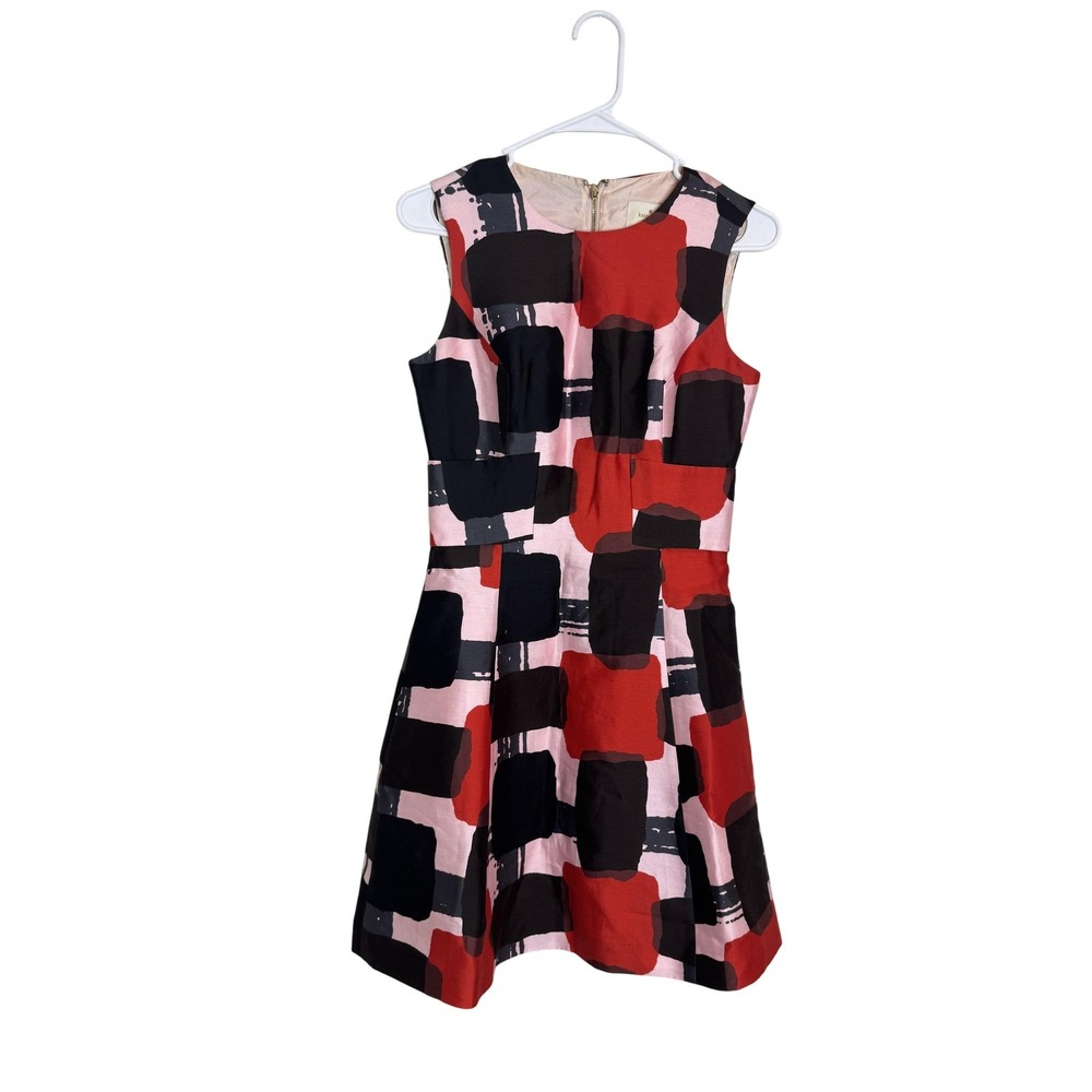 Kate Spade Dress Womens 2 Pink Red Black Sleeveless Fit Flare Abstract Silk Bow